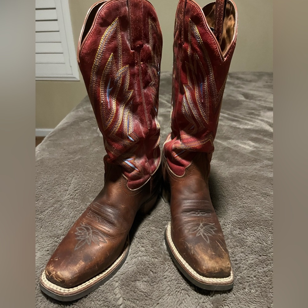 Tony Lama Brown Leather Cowboy Boots with Red Shaft - Picture 5 of 6